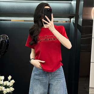 新款 休闲宽松洋气字母百搭上衣潮 t恤女夏季 圆领重工亮片刺绣短袖