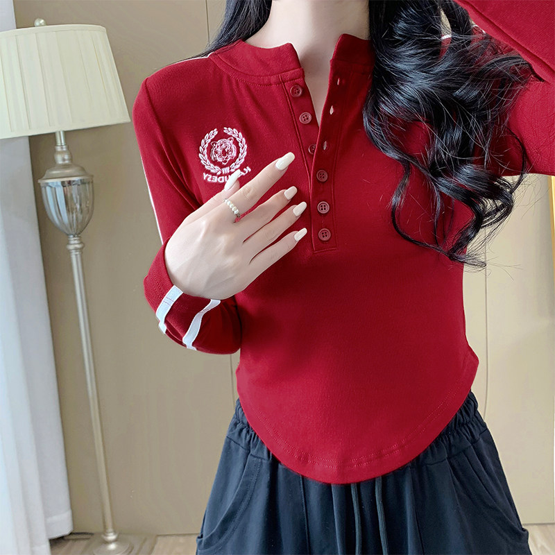 刺绣紧身短款长袖t恤女秋冬季新款正肩加绒显瘦跳舞打底衫上衣潮