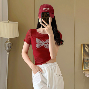 衫 辣妹烫钻蝴蝶网纱t恤女短袖 上衣潮 半袖 设计感紧身短款 夏季 新款