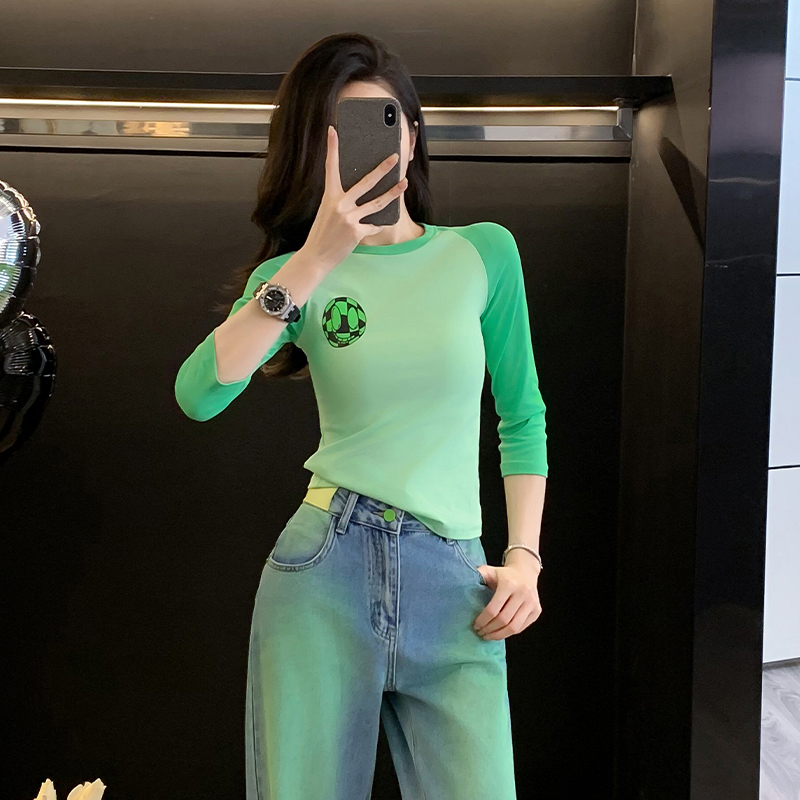 撞色紧身短款七分袖t恤女早秋季新款修身显瘦辣妹百搭打底衫上衣