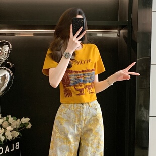 休闲减龄修身 新款 T恤女夏季 上衣 半袖 衫 显瘦短款 多巴胺风印花短袖