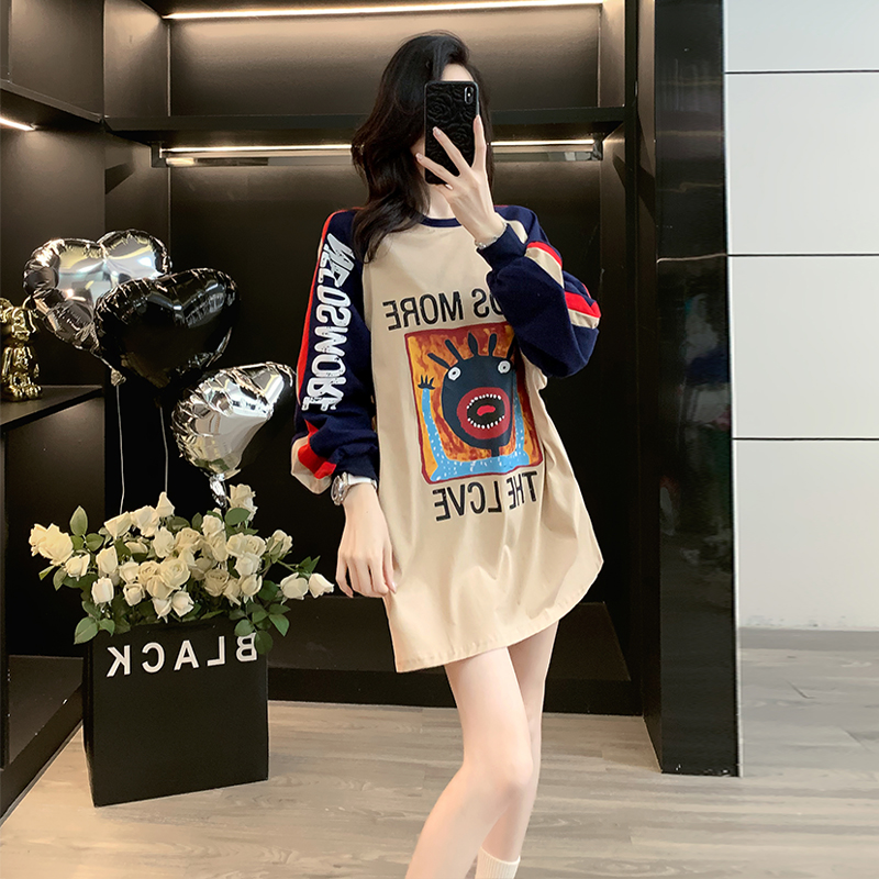 撞色长袖T恤女懒惰风中长款上衣