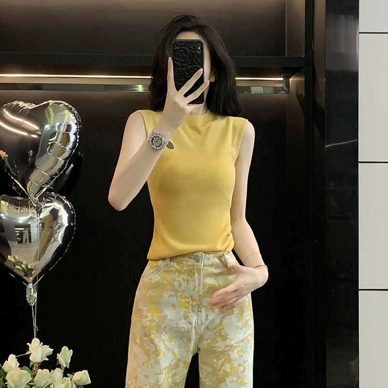 网纱拼接无袖冰丝针织衫短袖女夏