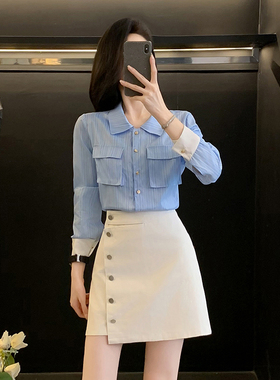 polo领撞色长袖衬衫女早秋季新款设计感休闲宽松蓝色条纹短款上衣