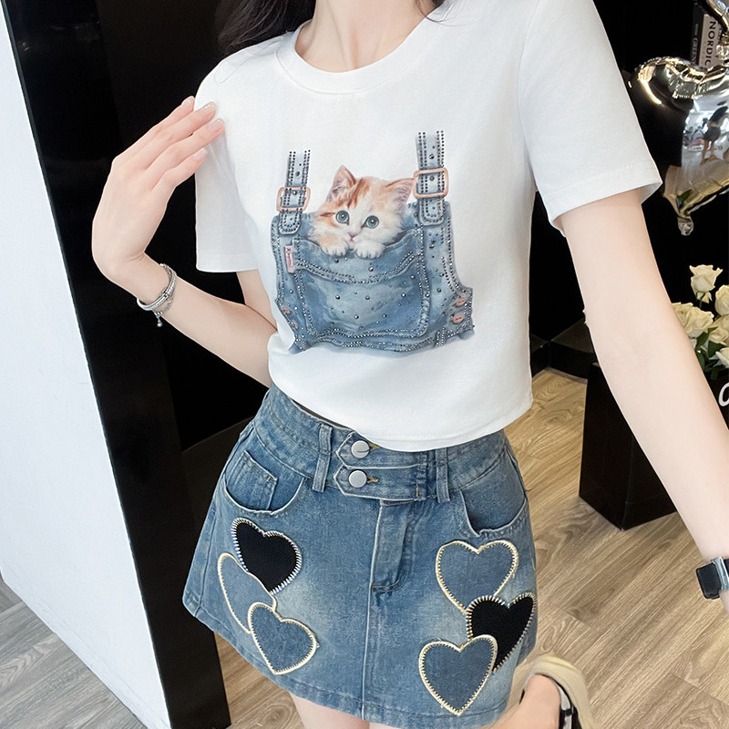 烫钻紧身短款t恤女短袖夏季