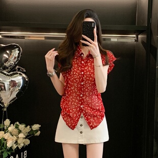 甜美可爱风碎花雪纺短袖衬衫女夏季气质通勤宽松显瘦减龄翻领上衣