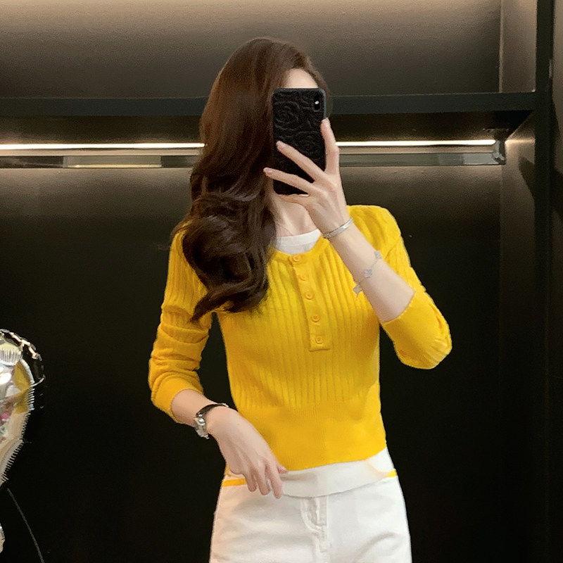 假俩件短款长袖针织衫女春秋季新款时尚修身显瘦休闲百搭毛衣上衣