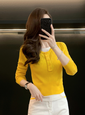 假俩件短款长袖针织衫女春秋季新款时尚修身显瘦休闲百搭毛衣上衣