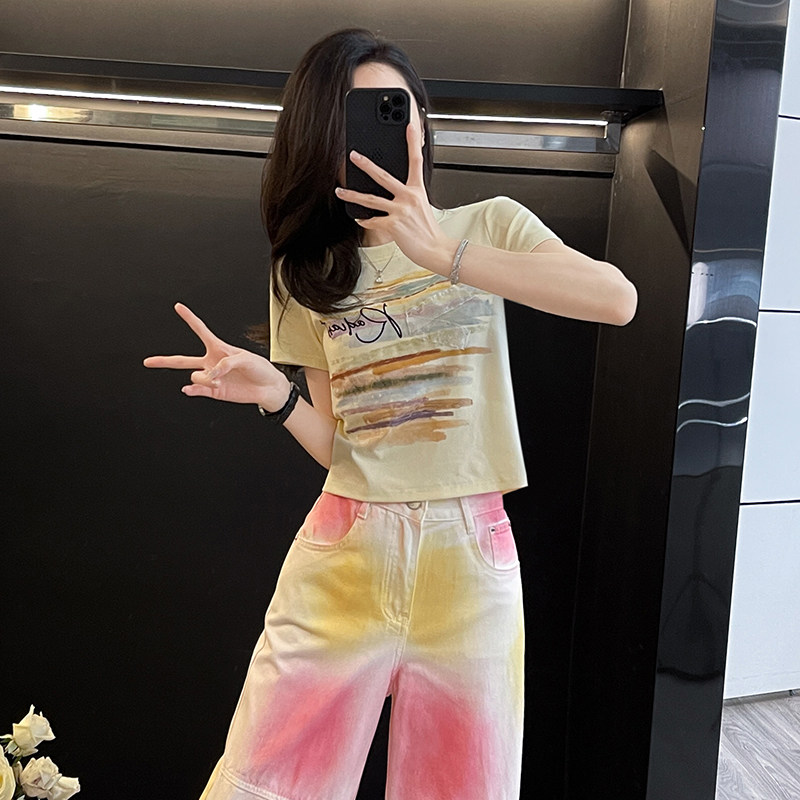 涂鸦紧身短款t恤女短袖夏季新款设计感修身显瘦辣妹半袖衫上衣潮