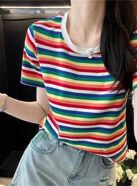 撞色彩虹条纹t恤女短袖夏季