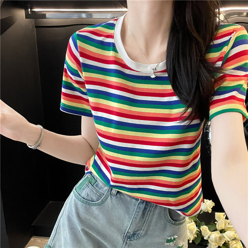撞色彩虹条纹t恤女短袖夏季