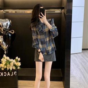 Polo领雪纺格子长袖衬衫女春季新款设计感时尚休闲宽松衬衣上衣潮