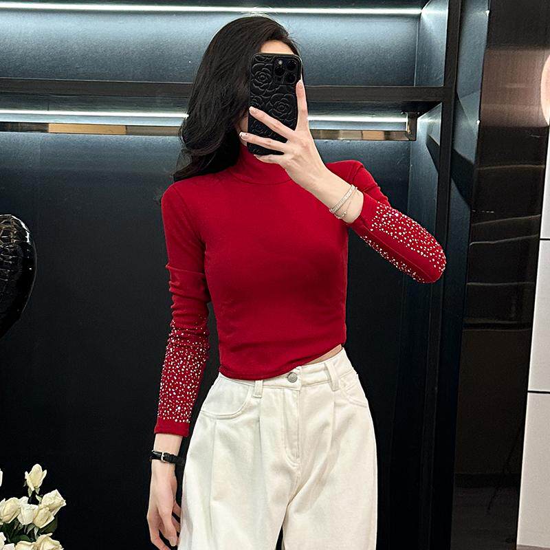 半高领烫钻紧身短款长袖T恤女