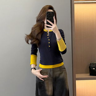 撞色扣子假俩件长袖T恤女春秋季新款休闲修身显瘦百搭打底衫上衣