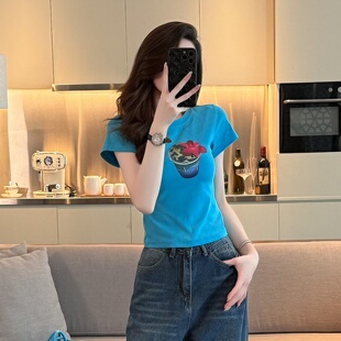 新款 夏季 T恤女短袖 上衣潮 显瘦百搭半袖 衫 休闲辣妹风修身 紧身短款