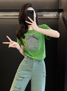 烫钻印花短款t恤女短袖夏季新款设计感百搭休闲宽松半袖衫上衣潮