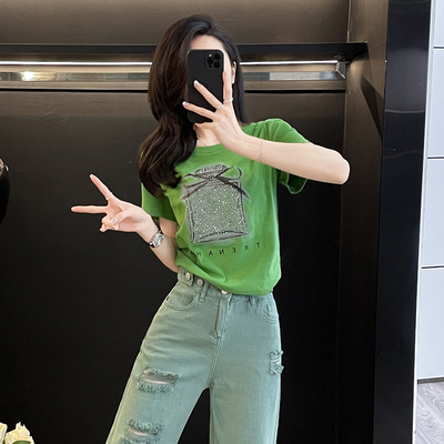 烫钻印花短款t恤女短袖夏季