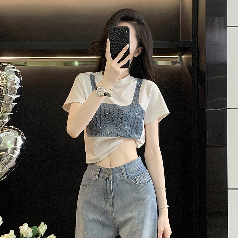 烫钻假两件修身短款T恤女短袖夏