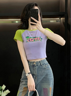 撞色插肩袖紧身短款T恤女短袖夏季新款高腰修身显瘦半袖衫上衣潮