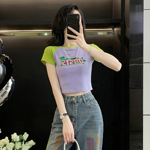 撞色插肩袖紧身短款T恤女短袖夏季新款高腰修身显瘦半袖衫上衣潮