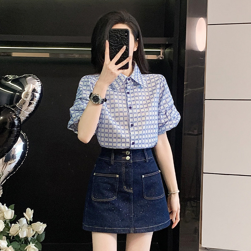 POLO领格子短袖衬衫女夏季衬衣