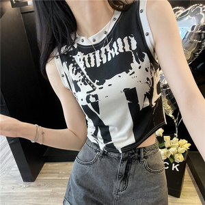 涂鸦露脐辣妹紧身短款背心女无袖t恤夏季新款高腰修身显瘦上衣潮