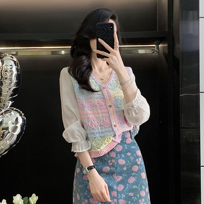 V领彩色针织衬衫长袖女宽松开衫