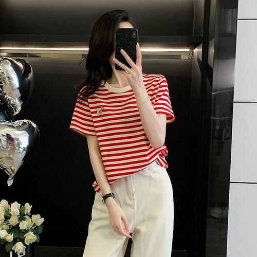 刺绣卡通小马条纹短袖T恤女夏季