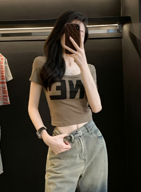 紧身短款低领t恤女短袖夏季新款高腰修身显瘦辣妹露脐半袖衫上衣