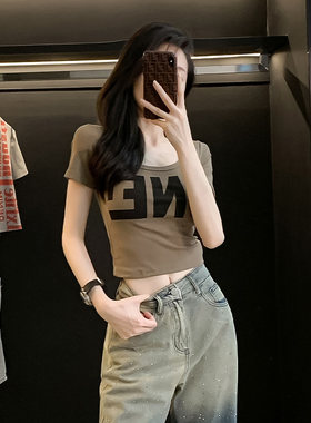 紧身短款低领t恤女短袖夏季