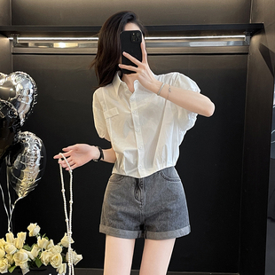新款 蝙蝠袖 简约设计感褶皱休闲宽松上衣潮 夏季 女薄款 短款 白色衬衫