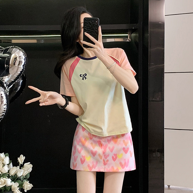 撞色短款t恤女短袖半袖衫上衣潮