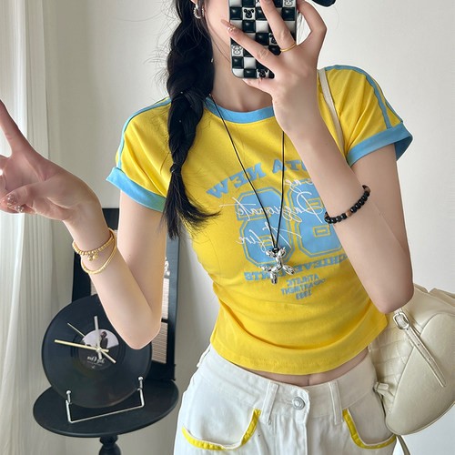 撞色露脐紧身短款t恤女短袖夏季