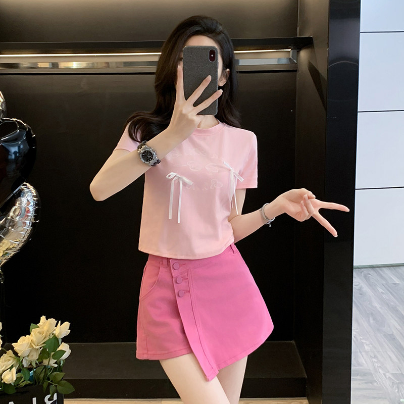 蝴蝶结紧身短款t恤女短袖夏季