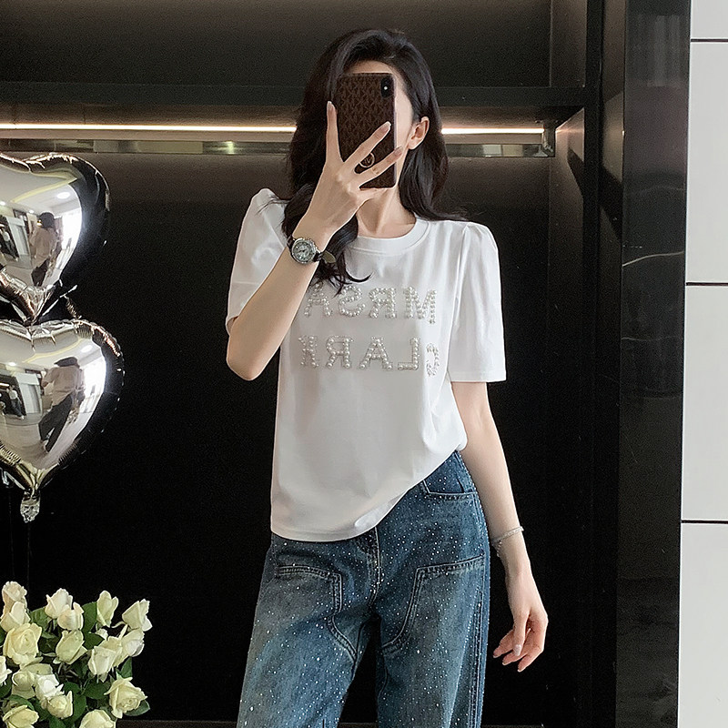 重工字母钉珠白色短袖T恤女夏季