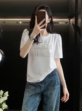 重工字母钉珠白色短袖T恤女夏季新款休闲宽松显瘦百搭半袖衫上衣