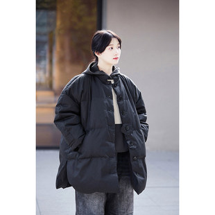 冬季新款文艺复古原创墨砚黑轻盈保暖宽松加厚中式中长款羽绒服