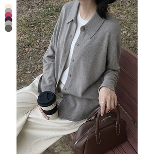 现货素町春季 POLO领全羊毛开衫 女简约百搭翻领针织长袖