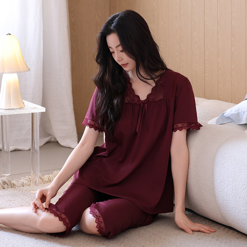 新款高贵带胸垫睡衣女夏季短袖莫代尔纯棉中年妈妈薄款短裤家居服