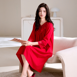 新款高档红色睡裙女春秋半袖纯棉结婚五分袖中年妈妈本命年睡衣夏