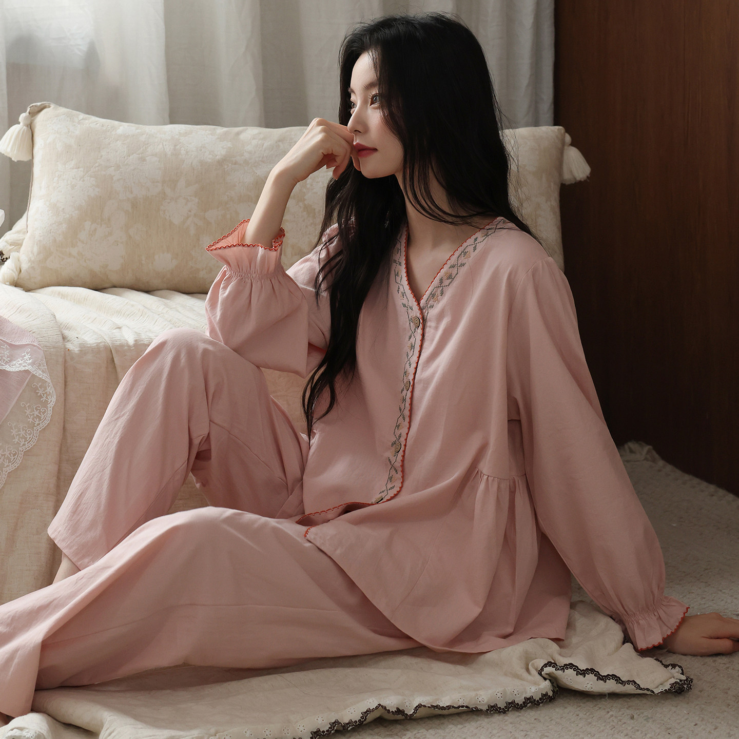 纯棉睡衣女春秋长袖薄款中年妈妈