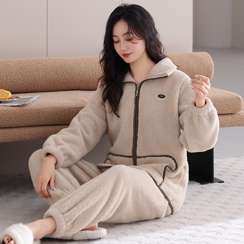 新款拉链保暖睡衣女春秋冬长袖韩版学生外穿家居服羊羔珊瑚绒套装