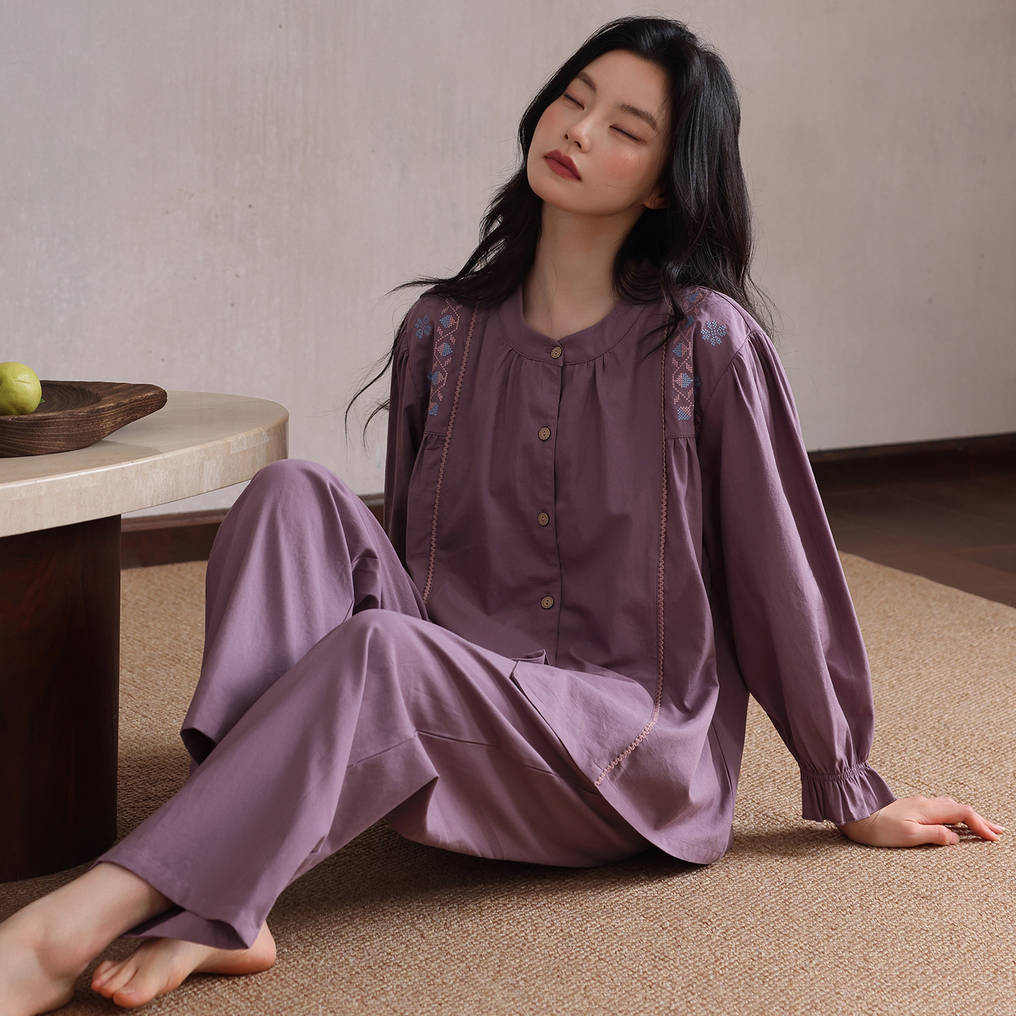 纯棉睡衣女士春秋中年妈妈带胸垫