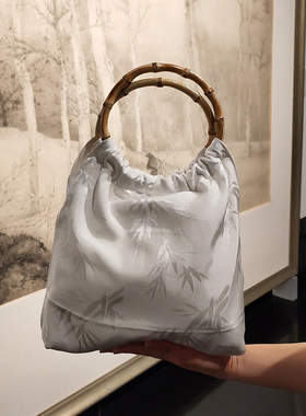 F.Green浮绿原创 春夏白色古风国风竹叶暗纹竹节手提包配汉服旗袍