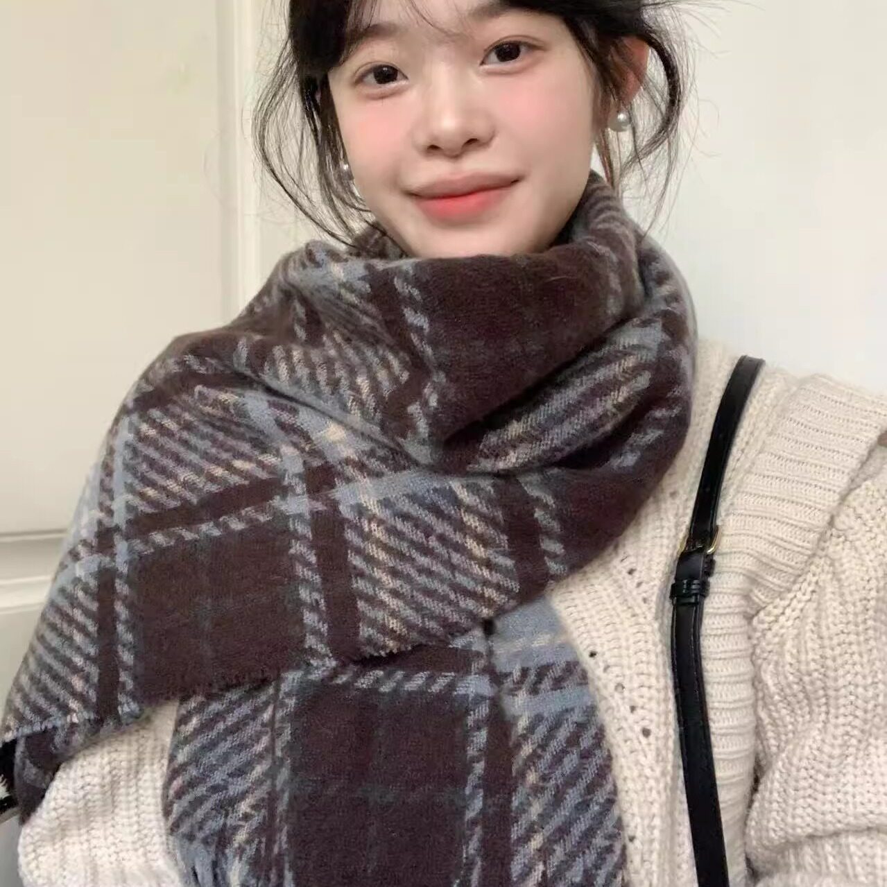 星月豚骨“藤野川”藏青格子jk围巾校供百搭保暖加厚围脖男女情侣