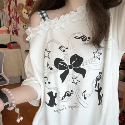 四叶草黑猫斜肩短袖原创印花T恤