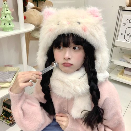可爱毛绒猫咪帽子围巾礼物保暖