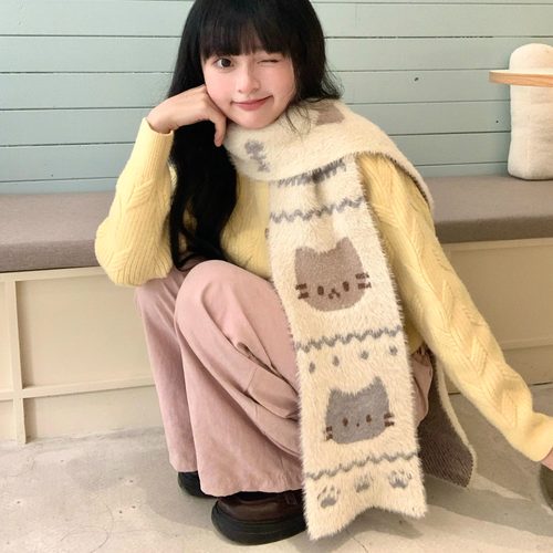 星月豚骨“猫咪消消乐”原创米色仿貂毛围巾可爱图案秋冬保暖围脖
