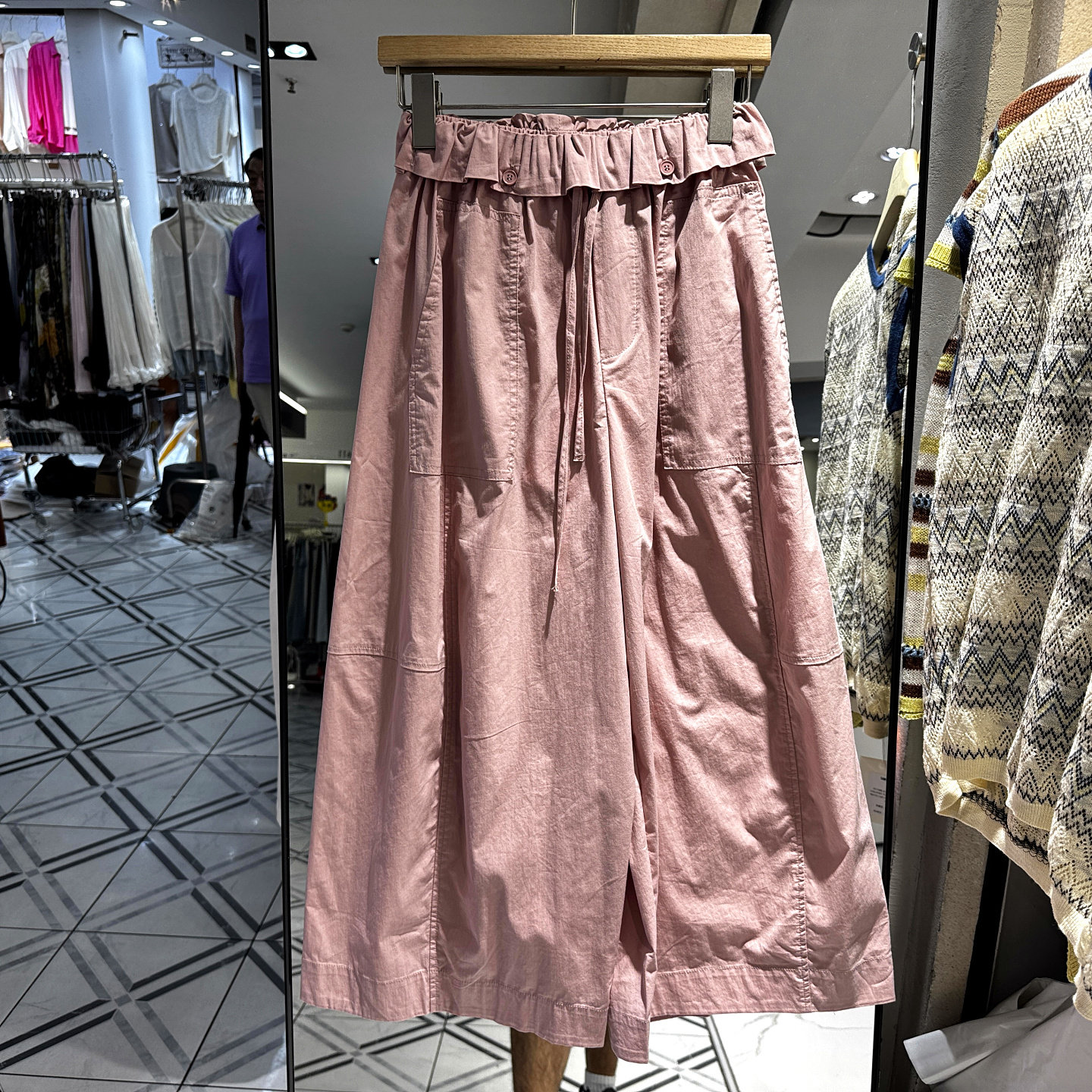 米舍57055-2 荷叶边抽绳松紧腰休闲宽松阔腿裤奶奶裤女裤欧货夏装