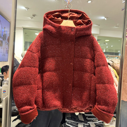 A5157亮片羊毛呢连帽羽绒服